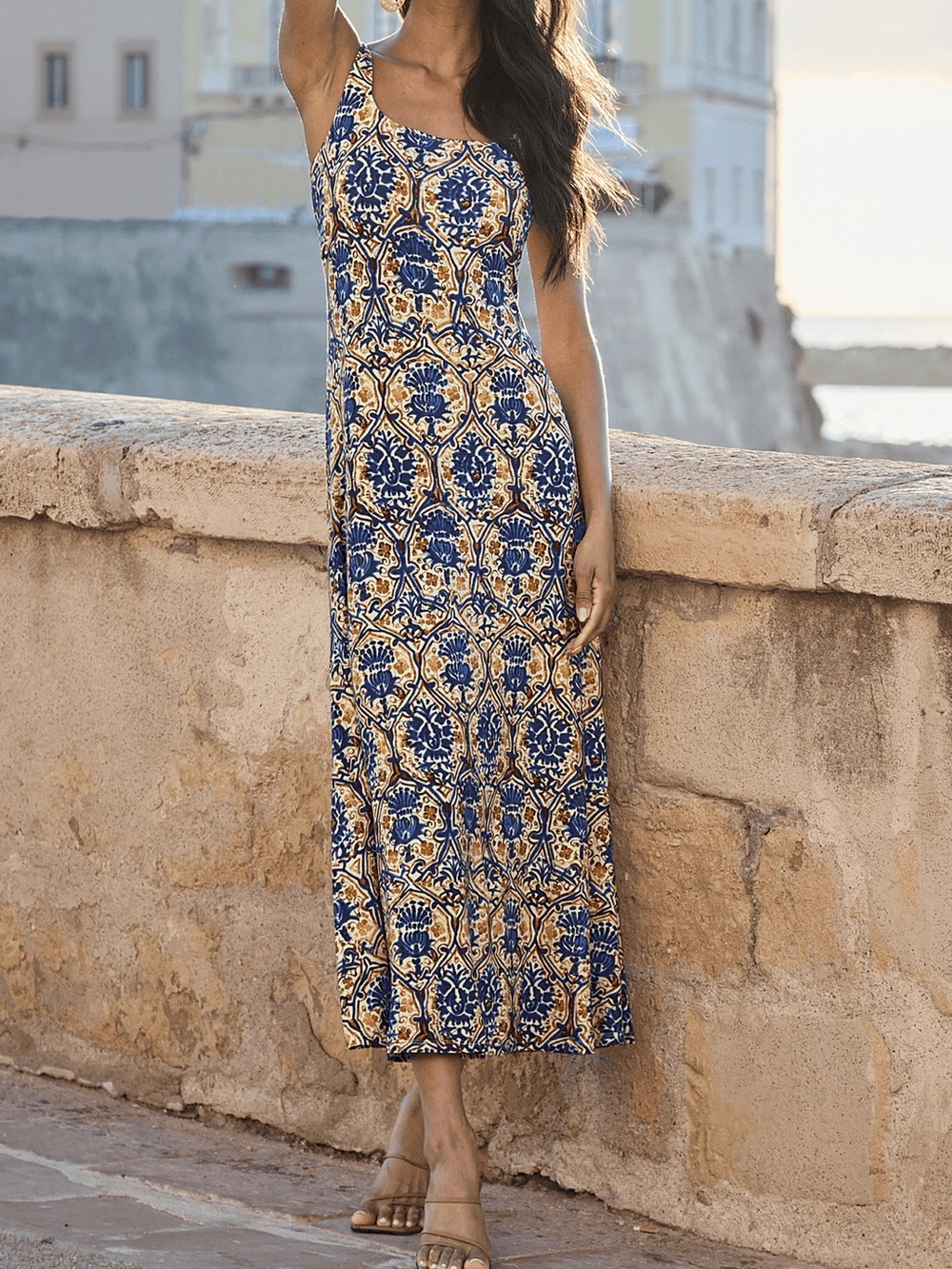 Peruvian Connection Valencia Tile Print Maxi Dress Crème Brûlée Stretch size XL